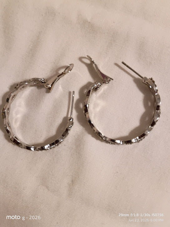 Silver Twisted Hoop Earrings – Sparkling Crystal Detail