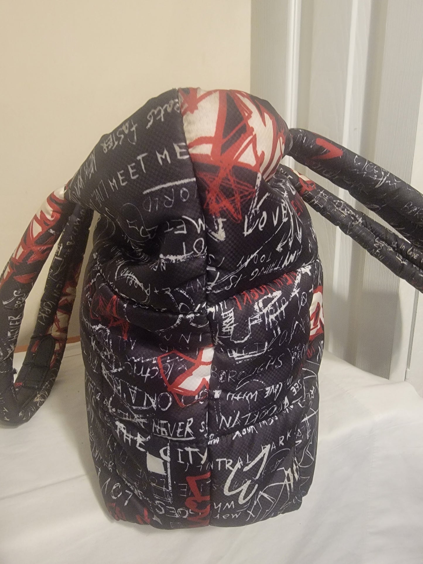 DKNY Giania Graffiti Puffer Tote – Black & Red | Curated Pre‑Owned by REnewd