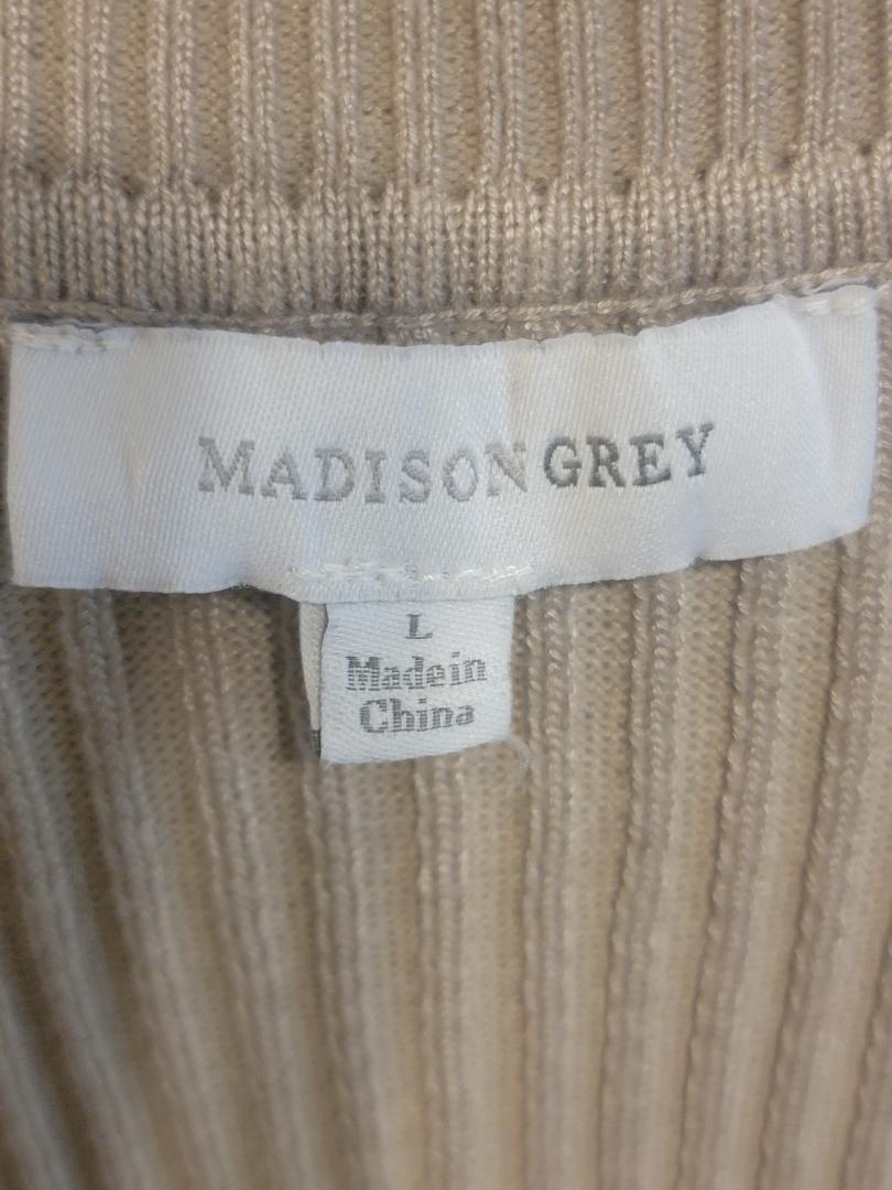 Madison Grey Rib‑Knit Mock‑Neck Sleeveless Top – Large (Beige/Taupe)