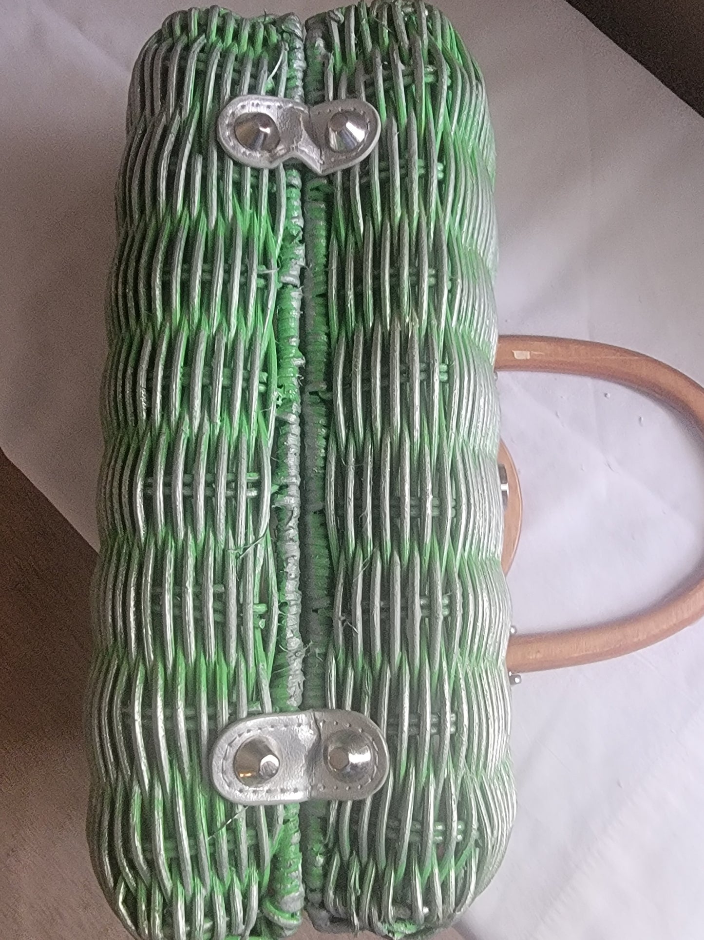 Vintage Green & Silver Woven Handbag – Wooden Handles | Curated Secondhand by REnewd