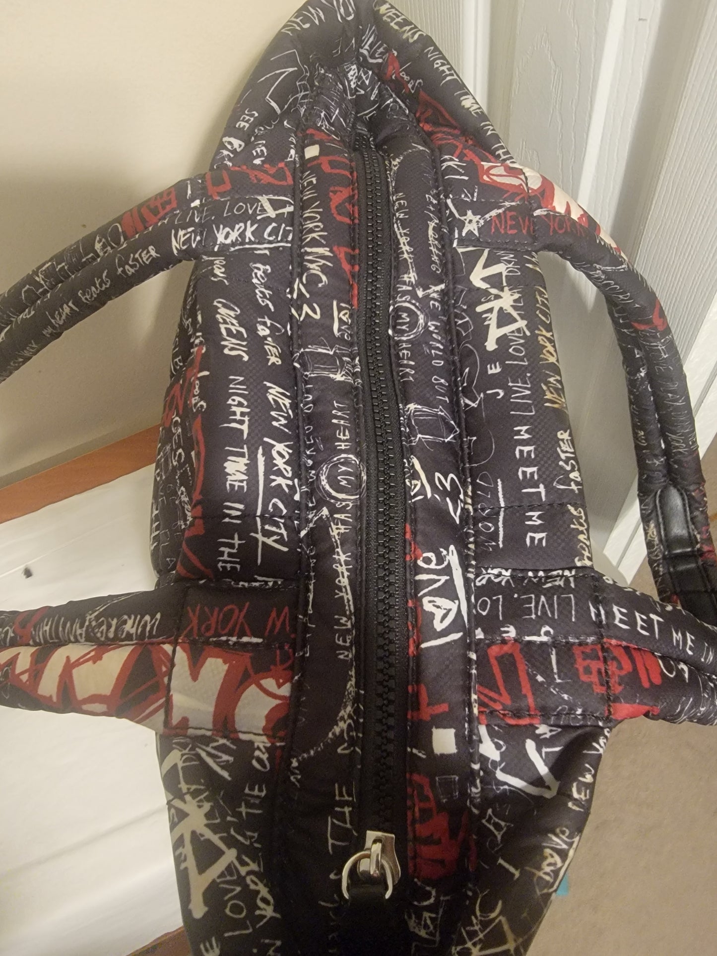 DKNY Giania Graffiti Puffer Tote – Black & Red | Curated Pre‑Owned by REnewd