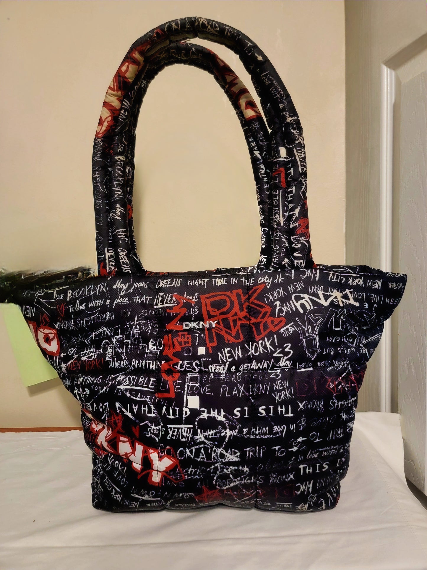 DKNY Giania Graffiti Puffer Tote – Black & Red | Curated Pre‑Owned by REnewd