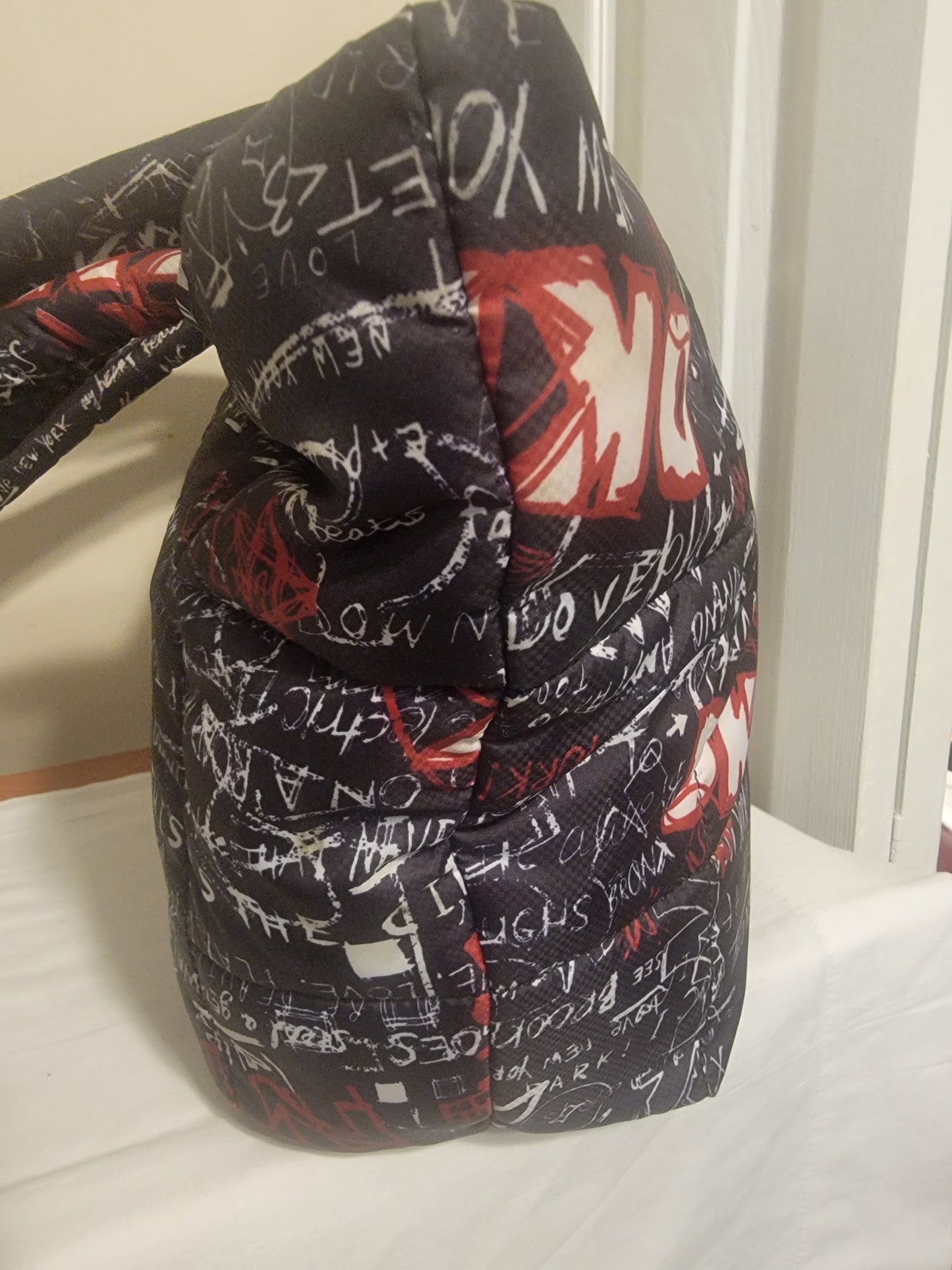 DKNY Giania Graffiti Puffer Tote – Black & Red | Curated Pre‑Owned by REnewd