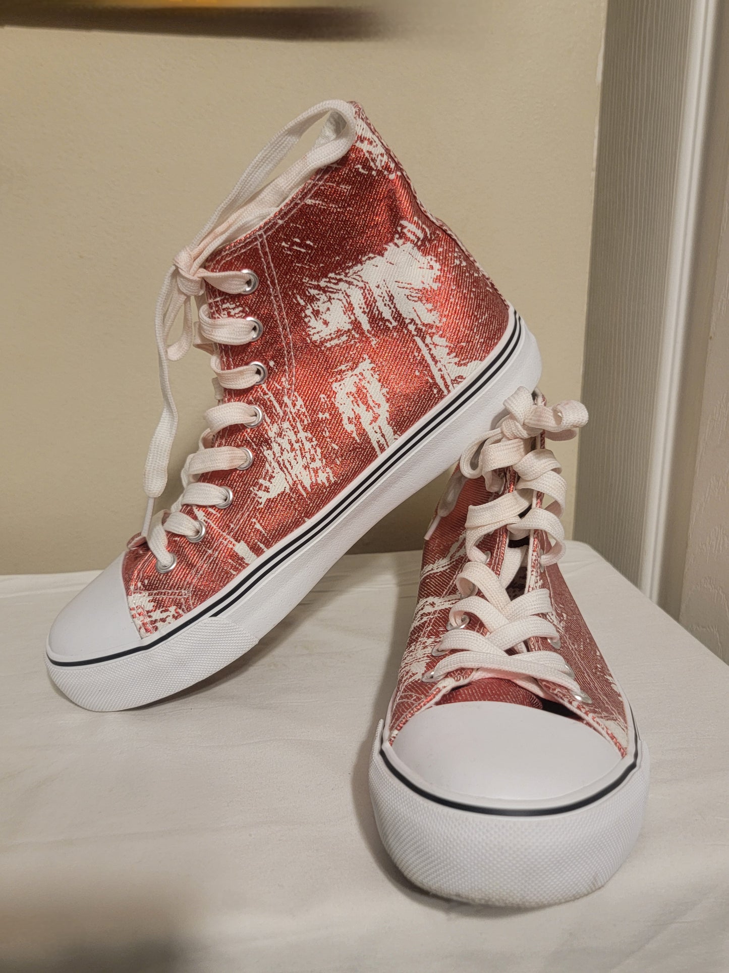 Women's High-Top Canvas Sneakers – Red & White Distressed | Pre-Owned by REnewd