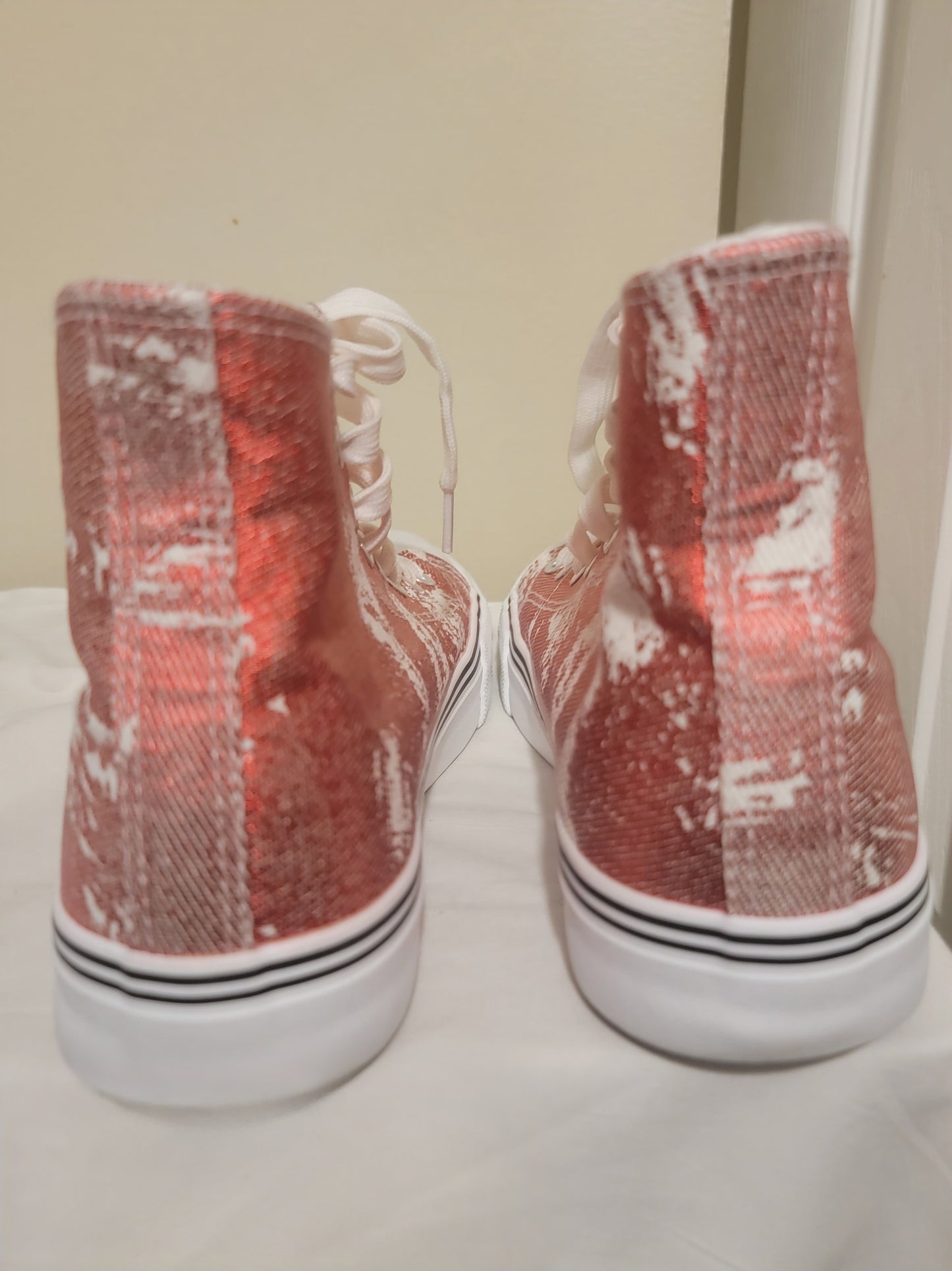 Women's High-Top Canvas Sneakers – Red & White Distressed | Pre-Owned by REnewd