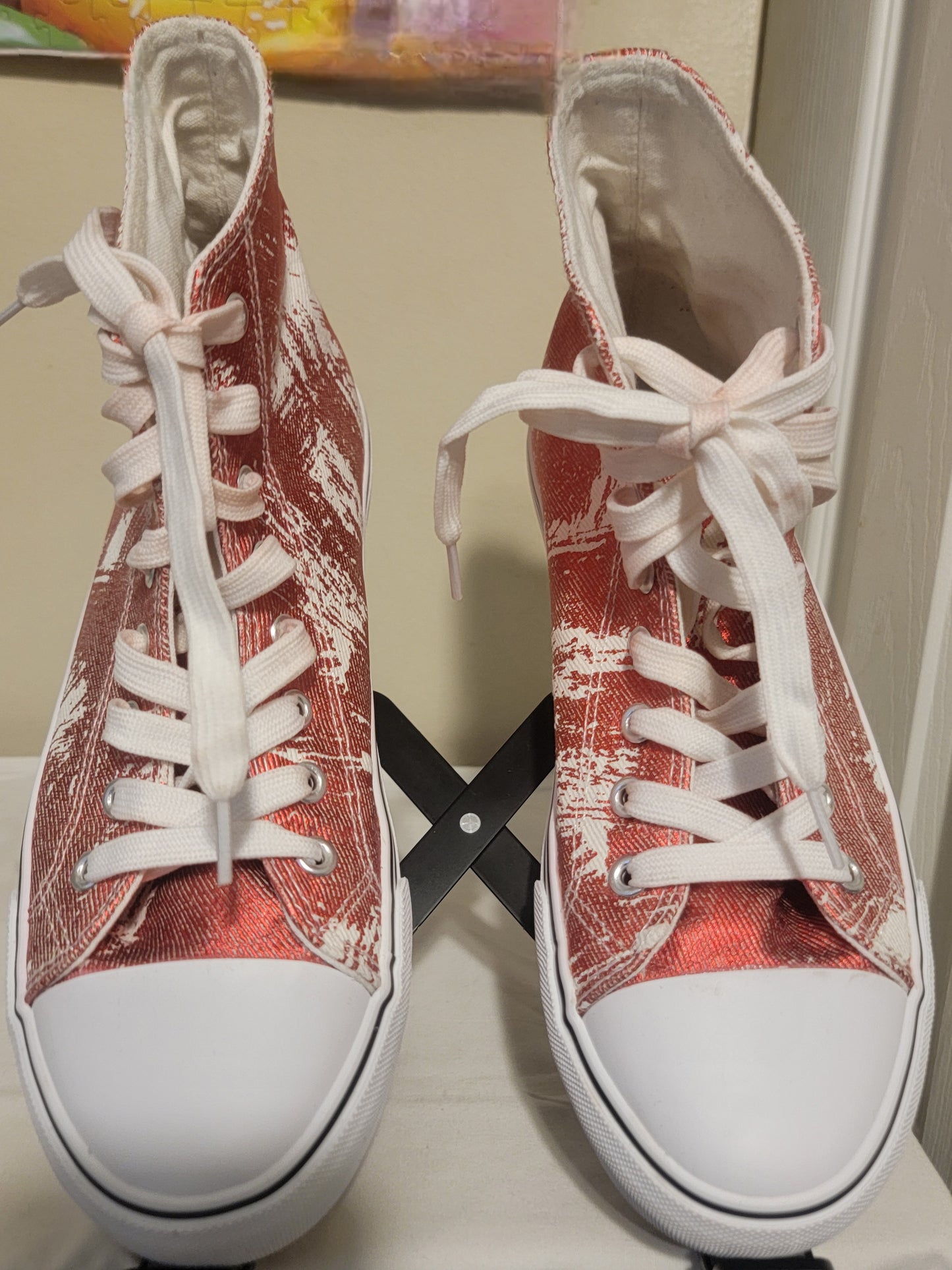Women's High-Top Canvas Sneakers – Red & White Distressed | Pre-Owned by REnewd