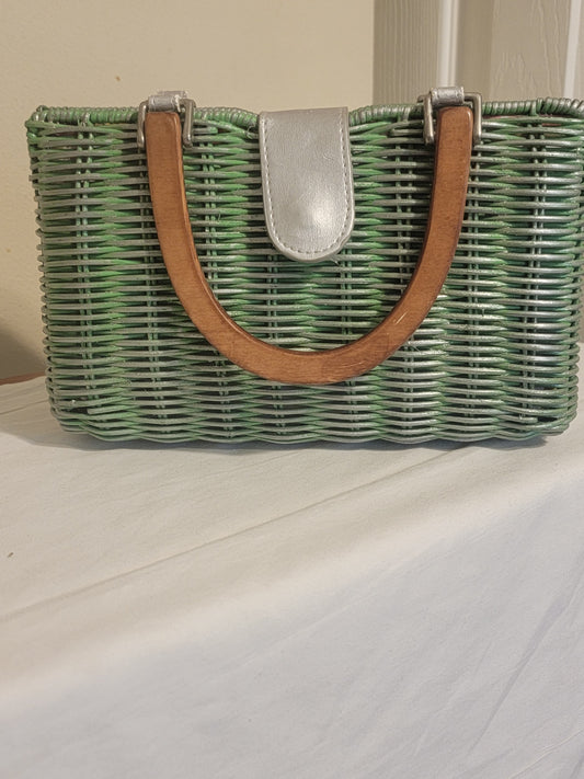 Vintage Green & Silver Woven Handbag – Wooden Handles | Curated Secondhand by REnewd