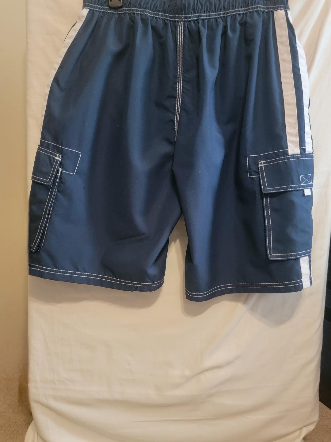 KANU Surf Navy Cargo Swim Shorts – White Side Stripes, Size M | Pre-Owned by REnewd
