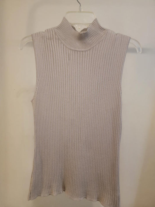 Madison Grey Rib‑Knit Mock‑Neck Sleeveless Top – Large (Beige/Taupe)