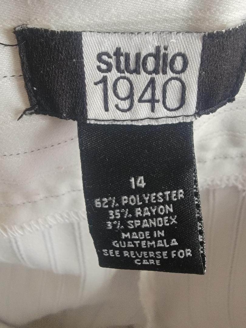 Studio 1940 White Pinstriped Trousers – Black Button Accents, Size 14 | Pre-Owned by REnewd