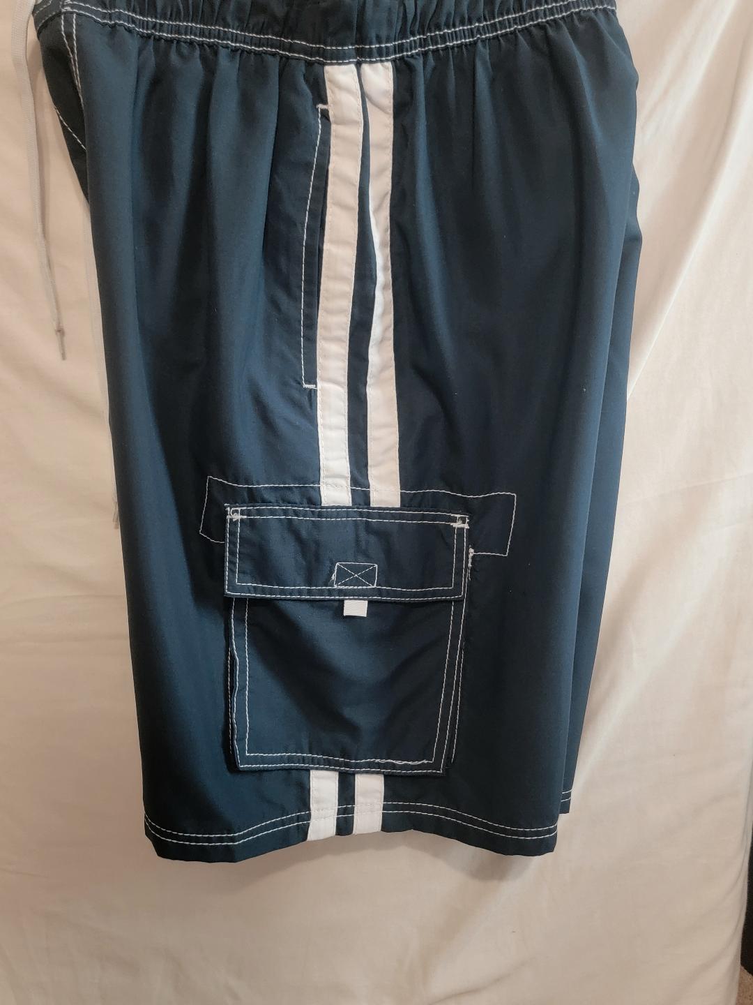 KANU Surf Navy Cargo Swim Shorts – White Side Stripes, Size M | Pre-Owned by REnewd