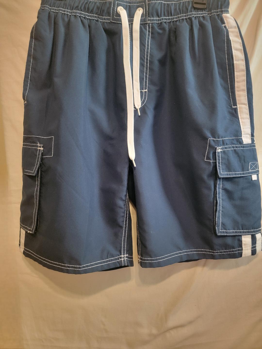 KANU Surf Navy Cargo Swim Shorts – White Side Stripes, Size M | Pre-Owned by REnewd