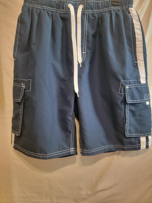 KANU Surf Navy Cargo Swim Shorts – White Side Stripes, Size M | Pre-Owned by REnewd